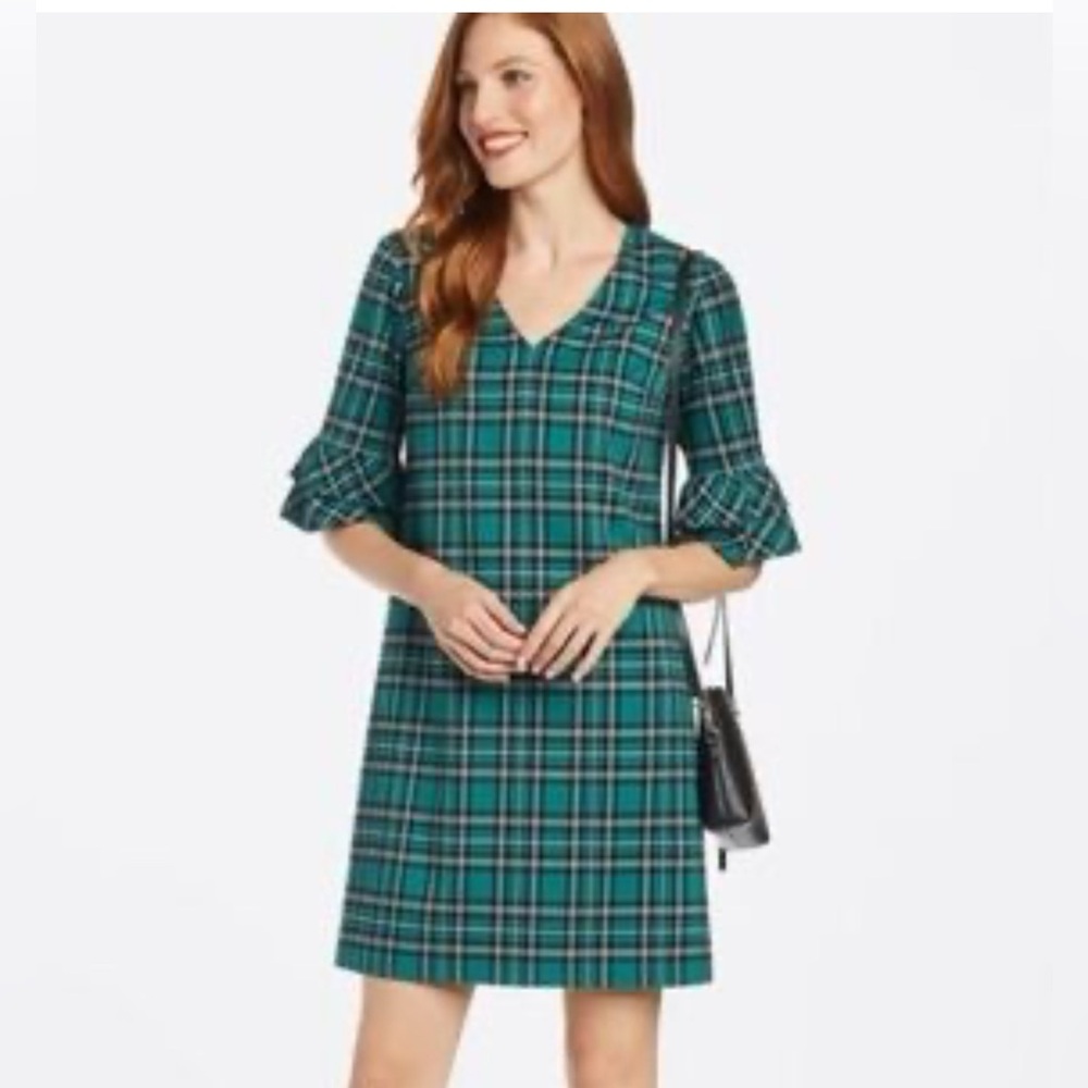 Draper James Angie Green Plaid Shift Dress With Ruffle Bell Sleeves